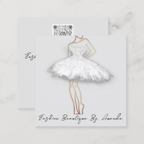Fashion Dress Logo QR Code Glitter Gray Gold White Square Business Card