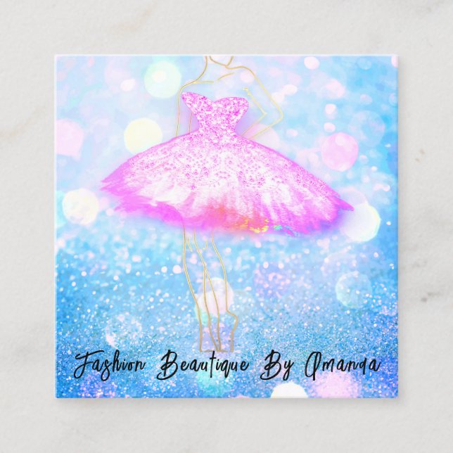 Fashion Dress Logo QR Code Glitter Pink Dress Blue Square Business Card (Front)