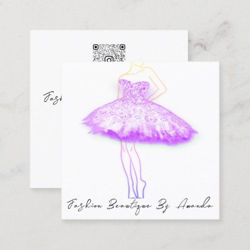 Fashion Dress Logo QR Code Glitter Pink Purple Square Business Card