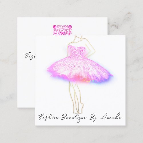 Fashion Dress Logo QR Code Glitter Pink White  Square Business Card