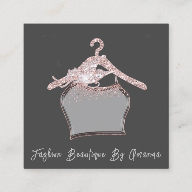 Fashion Dress Logo QR Code Gray Rose Glitter Square Business Card (Front)