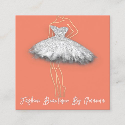 Fashion Dress Logo QR Code Gray Silver Dress Peach Square Business Card