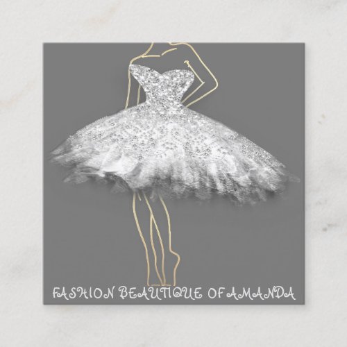 Fashion Dress Logo QR Code Silver Gray Glitter  Square Business Card