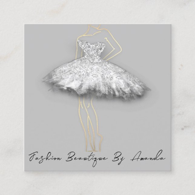 Fashion Dress Logo QR Code Silver Gray Gold Body Square Business Card (Front)
