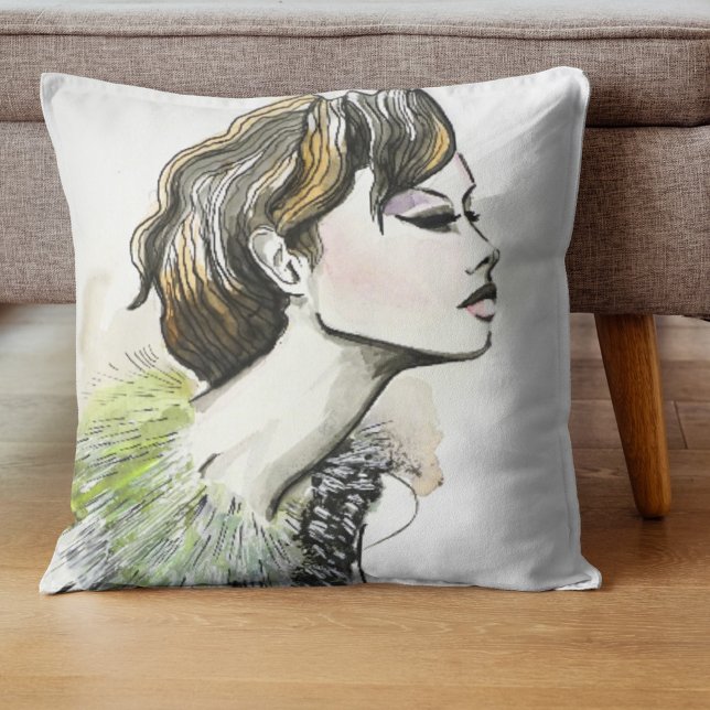 Fashion face woman portrait in green throw pillow (Creator Uploaded)
