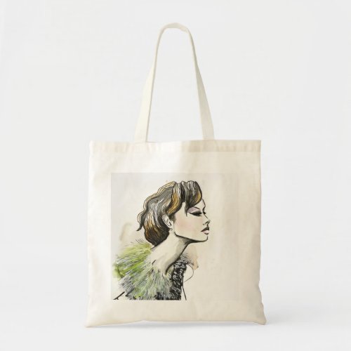 Fashion face woman portrait in green tote bag