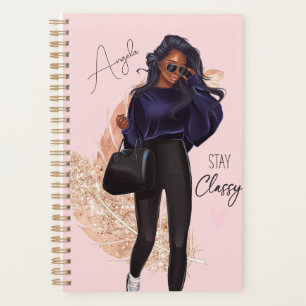 Fashion Faux Glitter Girl Red Hair Brown Pink Planner