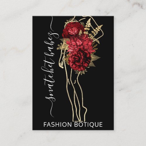 Fashion Floral Black Gold Logo QR Stylist Body  Business Card