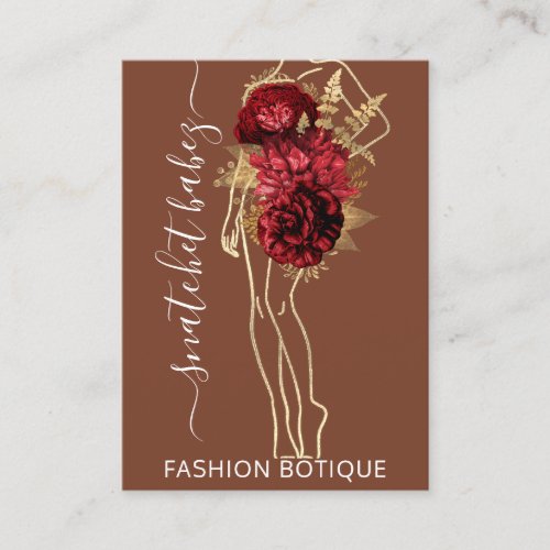 Fashion Floral Brown Gold Logo QR Stylist Body  Business Card