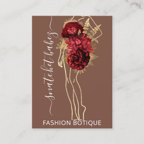 Fashion Floral Brown Gold Logo QR Stylist Body  Business Card