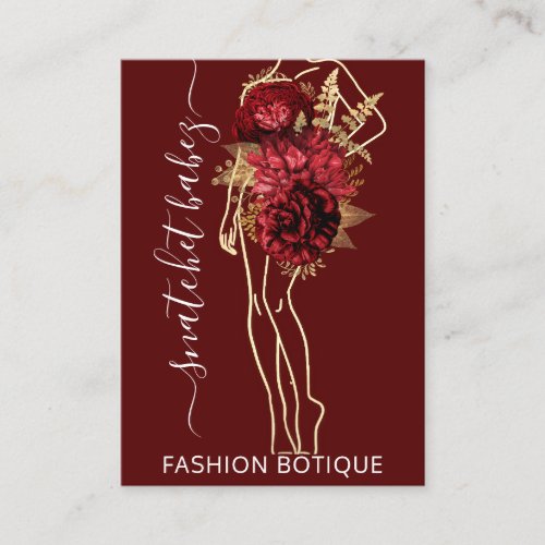 Fashion Floral Burgundy Gold Logo QR Stylist Body Business Card