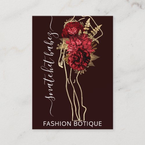 Fashion Floral Burgundy Gold Logo QR Stylist Body  Business Card