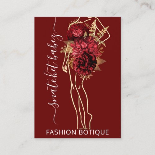 Fashion Floral Burgundy Logo QR Stylist Body Business Card