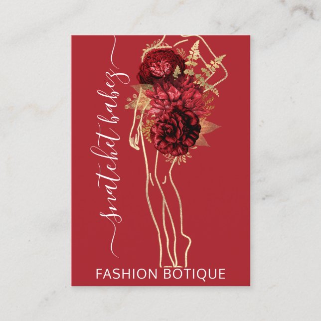 Fashion Floral Burgundy Red Logo QR Stylist Body Business Card (Front)