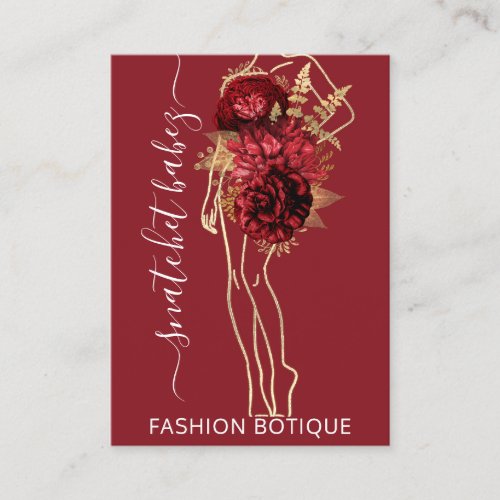 Fashion Floral Red Gold Logo QR Stylist Body  Business Card