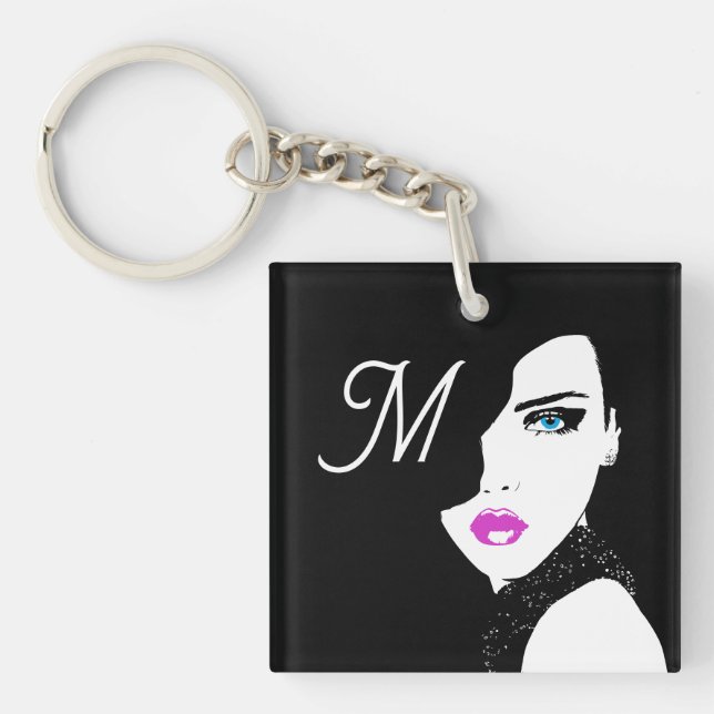 Fashion Girl Black Pink Blue Keychain (Front)
