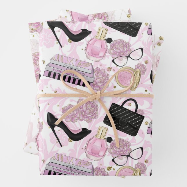 Fashion Girl Cosmetic Pink Pattern Wrapping Paper Sheets (In situ)