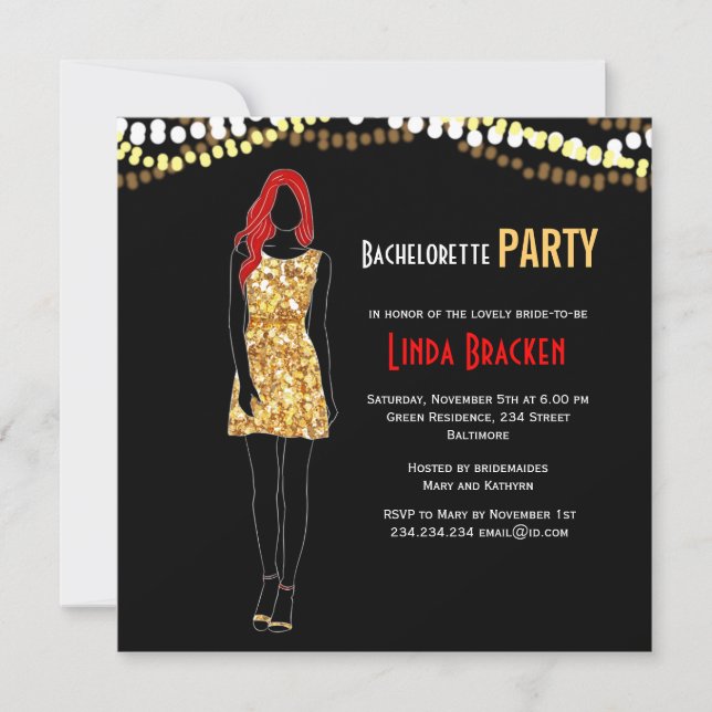 Fashion Girl Dress Lights Bachelorette Invite (Front)
