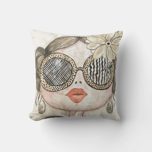 fashion girl face illustration with glasses throw pillow (Front)