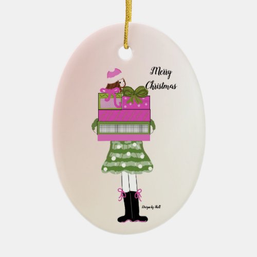 Fashion Girl Laden With Christmas Packages Ceramic Ornament