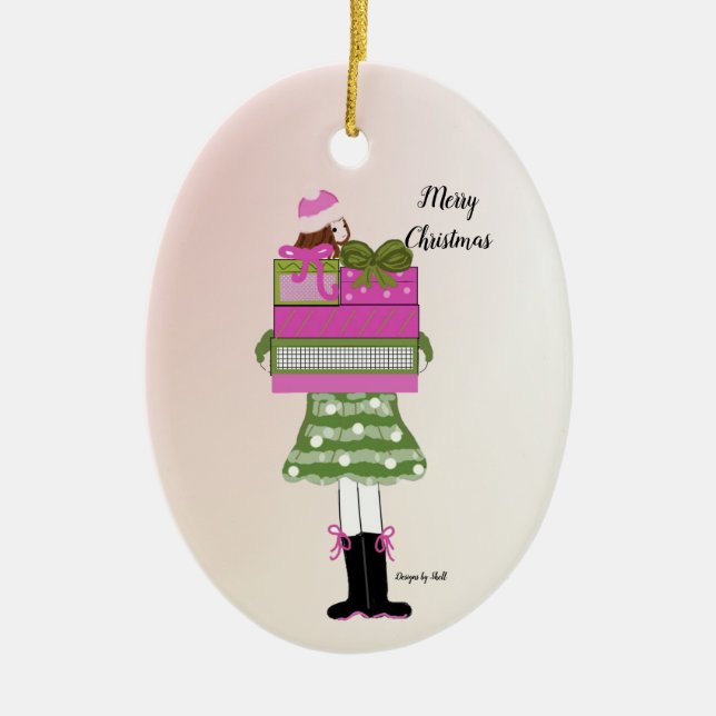 Fashion Girl Laden With Christmas Packages Ceramic Ornament (Front)