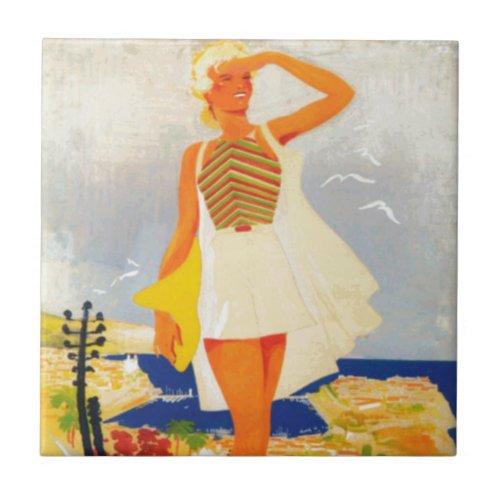 Fashion Girl Monte Carlo Beach Travel Ceramic Tile