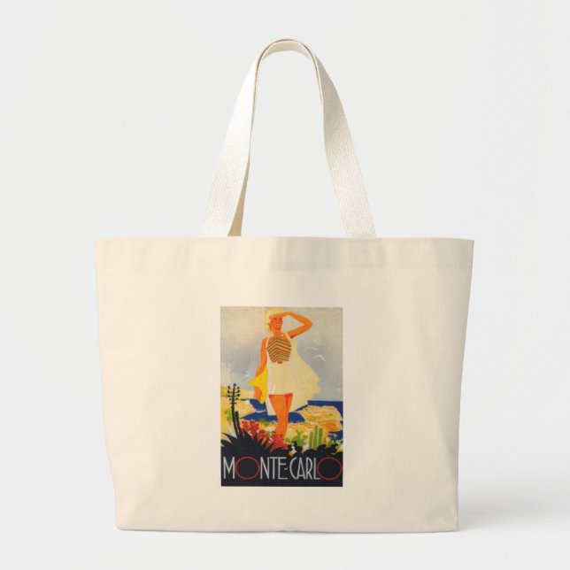 Fashion Girl Monte Carlo Beach Travel Large Tote Bag (Front)
