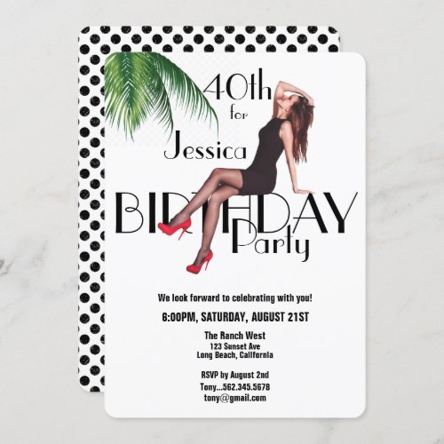 Fashion Girl Palm Leaves 40th Birthday Party Invit Invitation