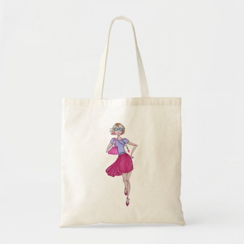 Fashion girl wearing pink skirt and purple top tot tote bag