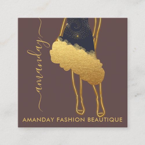 Fashion Gold Black Dress Logo QR Stylist Brown Lux Square Business Card