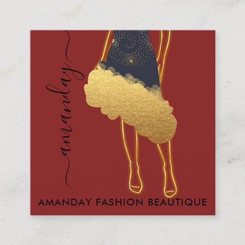 Fashion Gold Black Dress Logo QR Stylist Burgundy Square Business Card