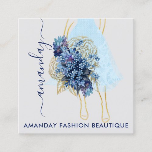 Fashion Gold Blue Dress Logo QR Stylist Floral Square Business Card