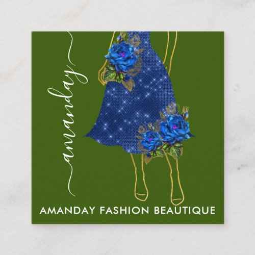 Fashion Gold Blue Dress Logo QRCode Floral Green Square Business Card