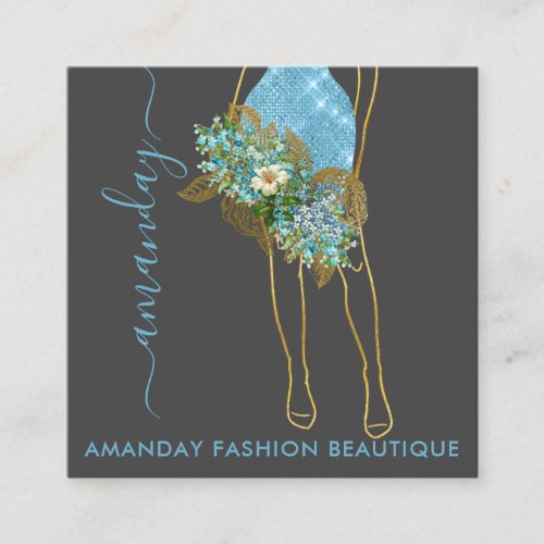 Fashion Gold Blue Dress Logo QRCode Floral Wreath Square Business Card