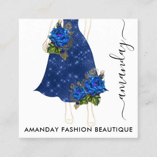 Fashion Gold Floral Blue Navy Dress Logo QR Custom Square Business Card