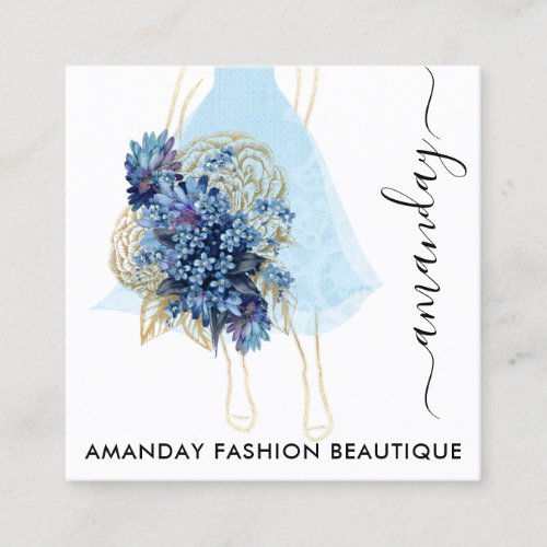 Fashion Gold Floral Blue Navy Dress Logo QRCode Square Business Card