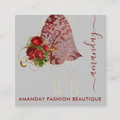 Fashion Gold Floral Dress Logo QRCode Lace Gray Square Business Card