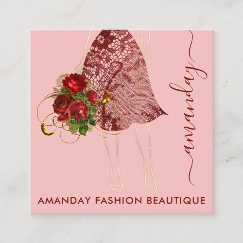 Fashion Gold Floral Dress Logo QRCode Lace Pink Square Business Card