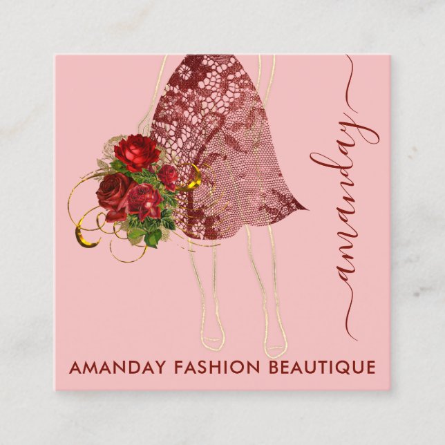 Fashion Gold Floral Dress Logo QRCode Lace Pink Square Business Card (Front)