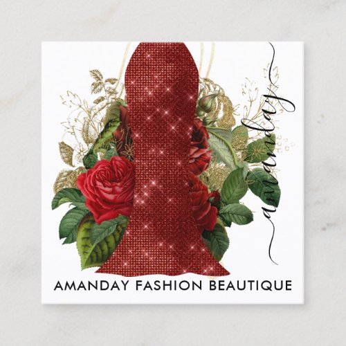 Fashion Gold Floral Dress Logo QRCode Lace Red Square Business Card