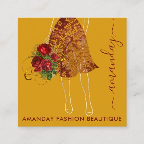 Fashion Gold Floral Dress Logo QRCode Lace Red Square Business Card