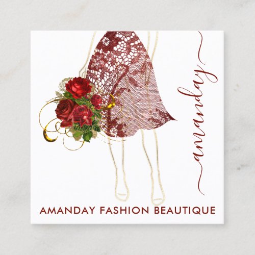 Fashion Gold Floral Dress Logo QRCode Lace White Square Business Card