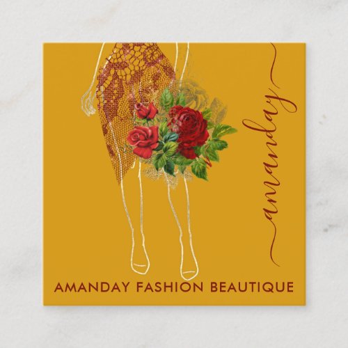 Fashion Gold Floral Dress Logo QRCode Mustard Red Square Business Card