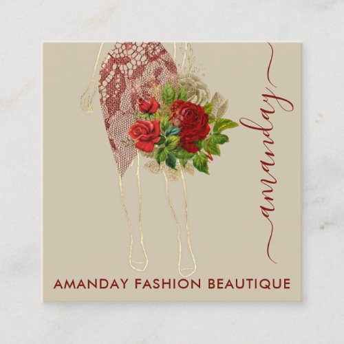 Fashion Gold Floral Dress Logo QRCode Wreath Ivory Square Business Card