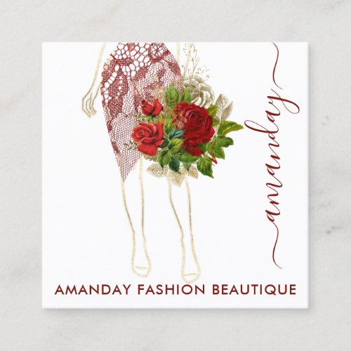 Fashion Gold Floral Dress Logo QRCode Wreath White Square Business Card