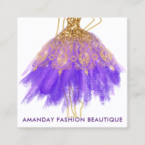 Fashion Gold Glitter Dress Logo QR Stylist Purple Square Business Card