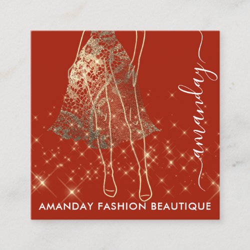 Fashion Gold Lace Dress Logo QRCode Maroon Square Business Card