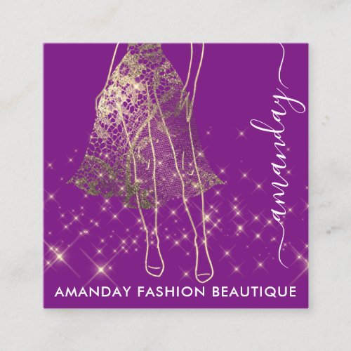 Fashion Gold Lace Dress Logo QRCode Pink Purple Square Business Card