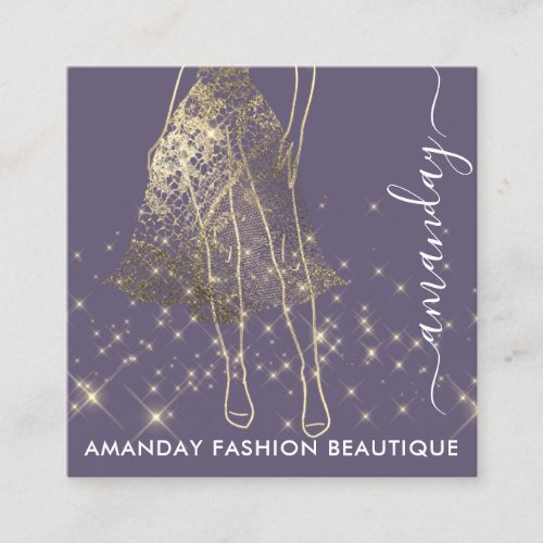 Fashion Gold Lace Dress Logo QRCode Purple Square Business Card