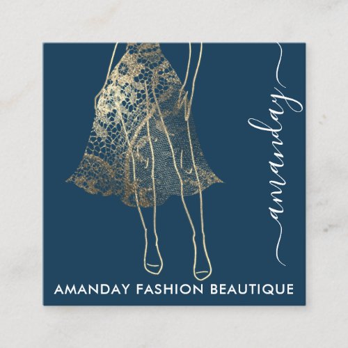 Fashion Gold Lace Dress Logo QRCode Shop Blue Square Business Card